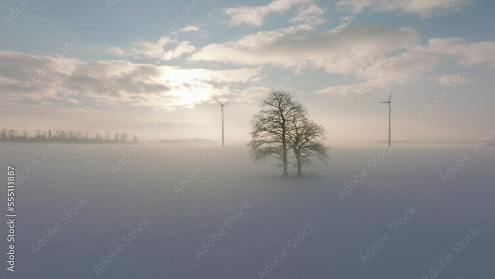 Aerial view of wind turbines generating renewable energy in the wind farm, snow filled countryside landscape with fog, sunny winter evening with golden hour light, wide tracking drone shot moving left Aerial view of wind turbines generating renewable energy in the wind farm, snow filled countryside landscape with fog, sunny winter evening with golden hour light, wide tracking drone shot moving left