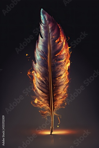 Burning phoenix feather on black background. Writing quill. Inspiration on the fire. Generative ai. 