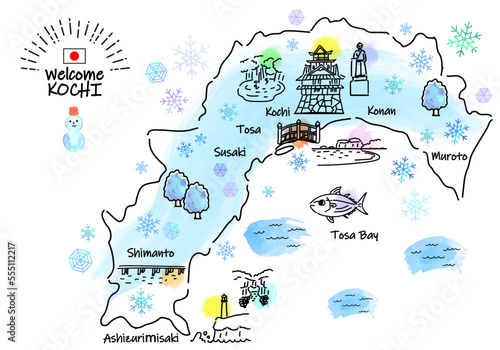 冬の高知県の観光地のシンプル線画イラストマップ