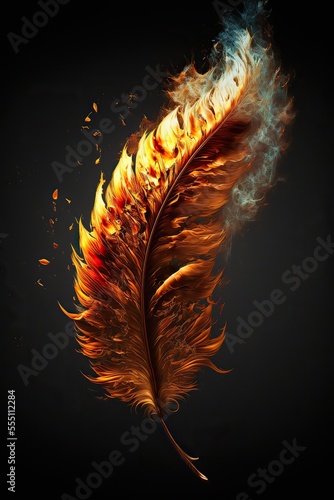 Burning phoenix feather on black background. Generative ai. 