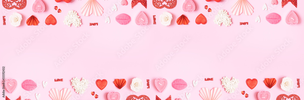 Banner with pattern from hearts and valentines day symbols elements top view. Creative valentines day flat lay background Banner with pattern from hearts and valentines day symbols elements top view. Creative valentines day flat lay background