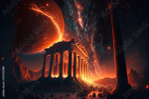 a fiery meteorite hit a ancient greek city causing an apocalyptic explosion. catastrophe. Generative AI photo