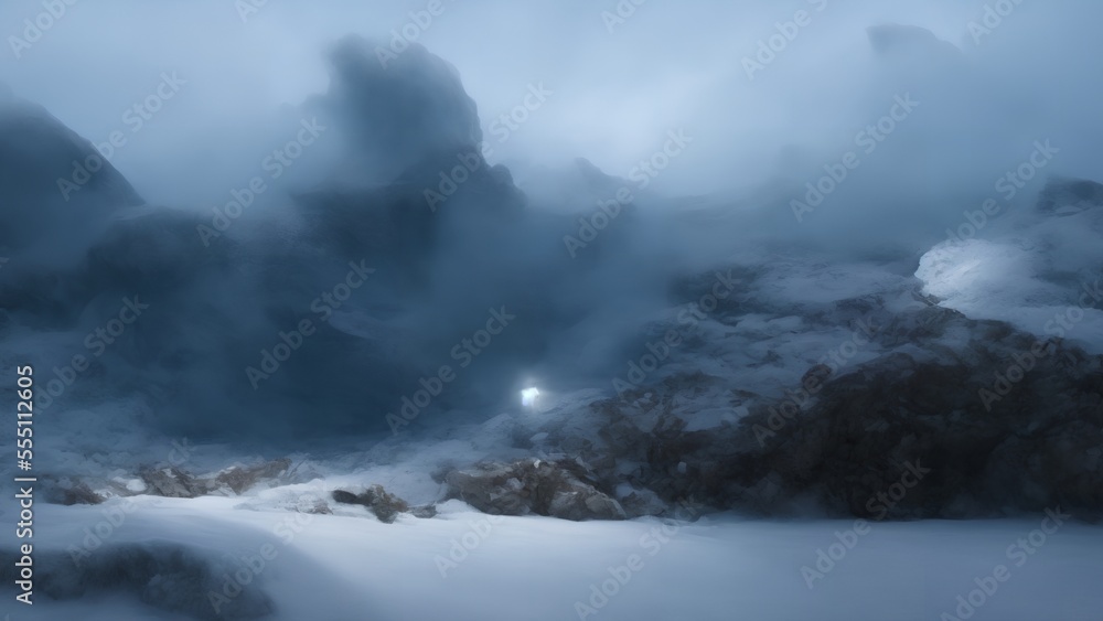 Obraz premium snowy mountains landscape with fog, generative ai
