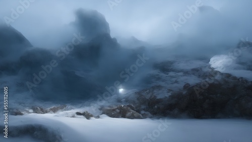 snowy mountains landscape with fog, generative ai © Wugurugukku