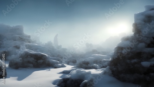 snowy mountains landscape with fog, generative ai © Wugurugukku