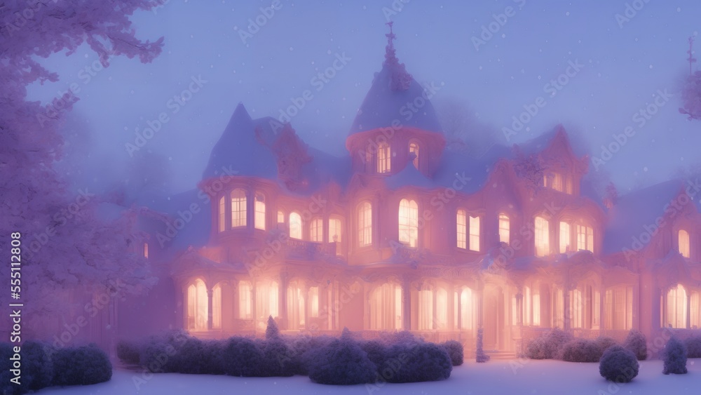 winter mansion covered in snow, generative ai