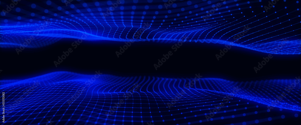 Abstract technology wave of particles. Big data visualization. Dark background with motion dots and lines. Artificial intelligence. Abstract technology wave of particles. Big data visualization. Dark background with motion dots and lines. Artificial intelligence.