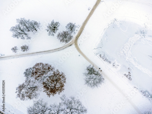 Obraz na płótnie Aerial view. Winter landscape, park , trees, path, snow, frost, white fluff. w salonie