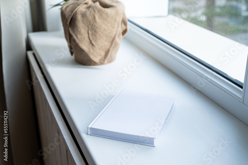 Blank book for mockup design on windowsill, christmas tree behind
