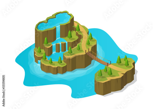 isometric two mountain islands with beautiful waterfall