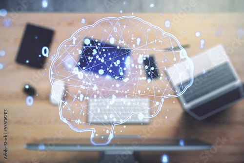Double exposure of creative human brain microcircuit with computer on background. Future technology and AI concept © Pixels Hunter