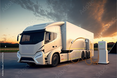 Fototapeta Hybrid electric truck being charging at charging station, 3d rendering , AI art