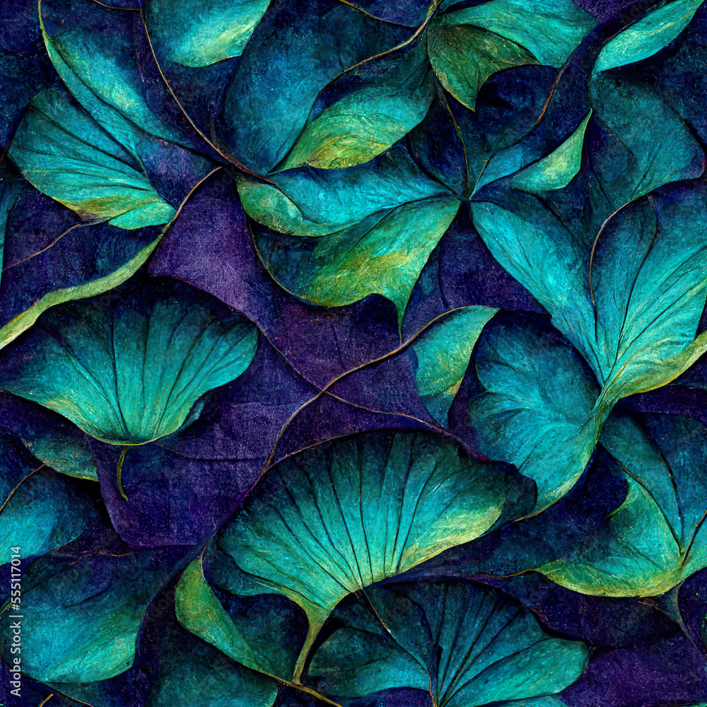Obraz premium Seamless tile of a gingko leave in teal-turquoise-purple colors, colorful abstract gingko leave, tile, seamless, illustration, generated art, ai