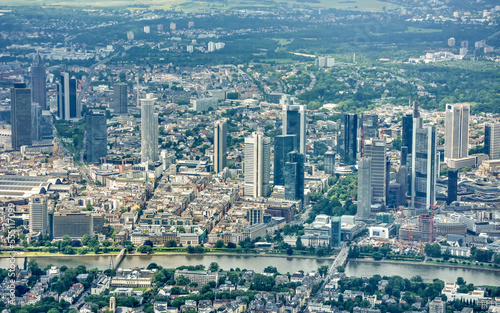 Aerial view over Frankfurt Germany with sky scrapers buildings 