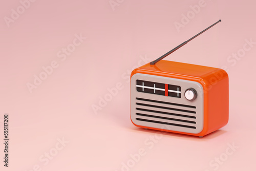 3d realistic orange old retro vintage radio tuner receiver icon. National World Radio Day. Cartoon style vector illustration isolated banner with copy space