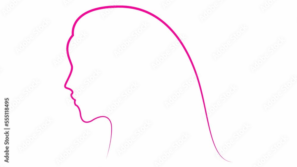 Animated magenta silhouette of woman with hair face. Head of beautiful girl from gold ribbon. Linear symbol. Concept of beauty. Looped video. Vector linear illustration isolated on white background. Animated magenta silhouette of woman with hair face. Head of beautiful girl from gold ribbon. Linear symbol. Concept of beauty. Looped video. Vector linear illustration isolated on white background.
