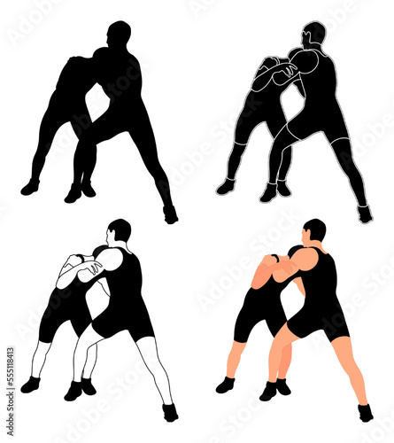Set silhouettes athletes wrestlers in wrestling, duel, fight. Greco Roman, freestyle, classical wrestling. Martial art