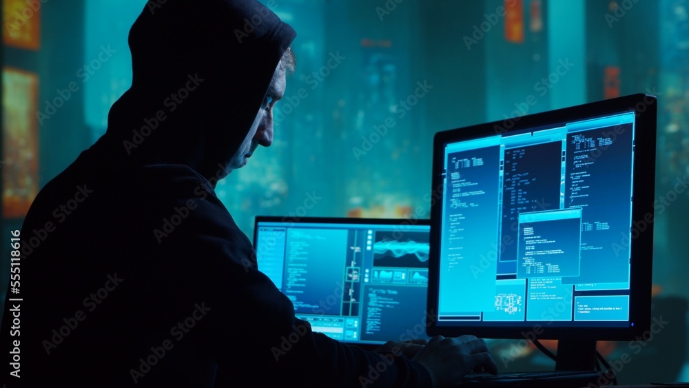 Computer Hacker in Hoodie. Obscured Dark Face. Concept of Hacker Attack, Virus Infected Software, Dark Web and Cyber Security. Computer Hacker in Hoodie. Obscured Dark Face. Concept of Hacker Attack, Virus Infected Software, Dark Web and Cyber Security.