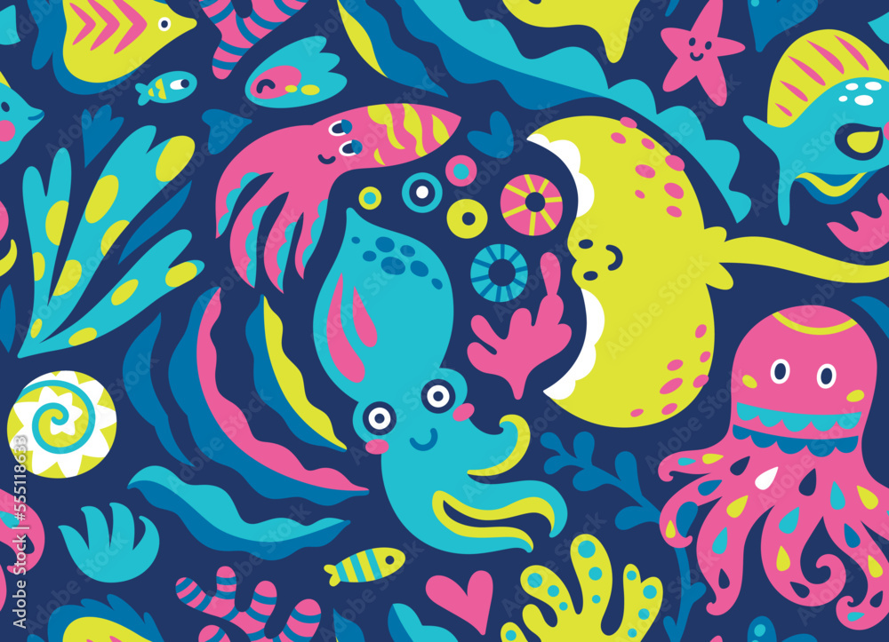 Cute flat sea life creatures in childish style isolated on blue background Cute flat sea life creatures in childish style isolated on blue background