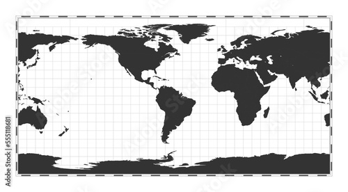 Vector world map. Equirectangular (plate carree) projection. Plain world geographical map with latitude and longitude lines. Centered to 60deg E longitude. Vector illustration.