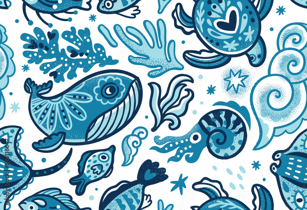 Hand drawn ocean life in blue colours seamless pattern Hand drawn ocean life in blue colours seamless pattern