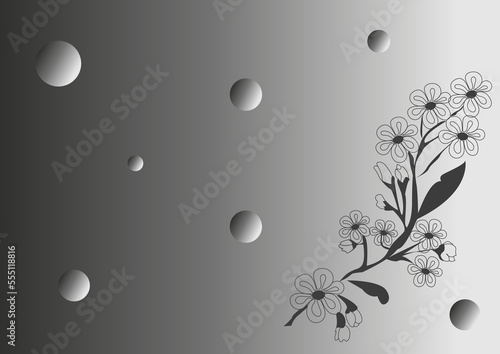 Black and white background with the image of a flower branch, using a gradient.
Vector illustration for use in advertising, postcard, invitation