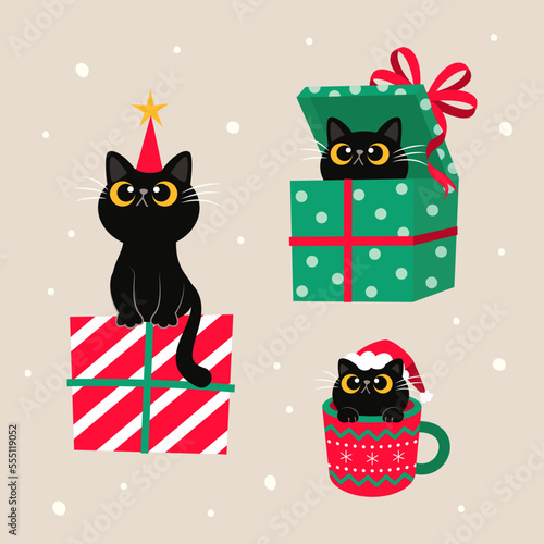 Christmas cats cartoon set vector illustration. Christmas pet in gift box