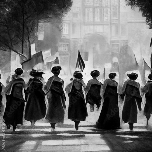 Suffragette March Women's Rights Group Black White Organised Rally Demonstration Abstract Generative AI Tools Technology illustration