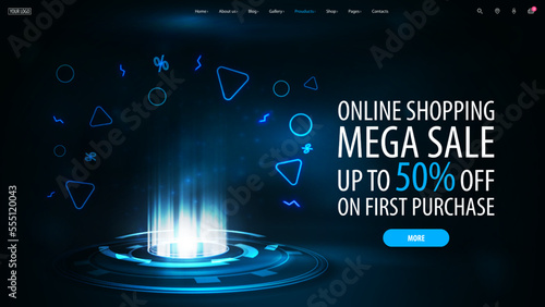 Special offer, mega sale, dark discount banner with offer and blue hologram of digital rings in dark room