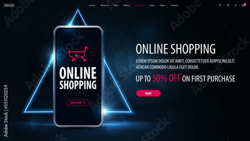 Online shopping, dark and blue web banner with smartphone and hologram of triangular frame on dark background.