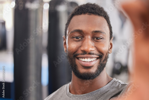 Gym, wellness and workout selfie of black man in Chicago, USA ready for healthy lifestyle exercise. Fitness, training and health club photograph of person excited for cardio session with smile.