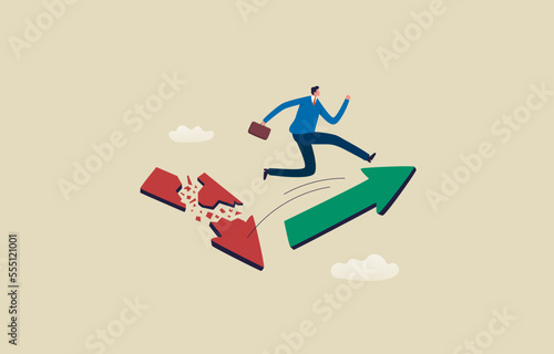 Economic Recovery. Change from down turn to rising. Businessman jumping from falling arrow to rising arrow. Illustration