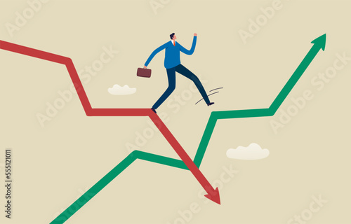 Economic Recovery. Change from loss to profit. Portfolio adjustment in economic crisis or stock market. Businessman jumping from falling arrow to rising arrow. Illustration