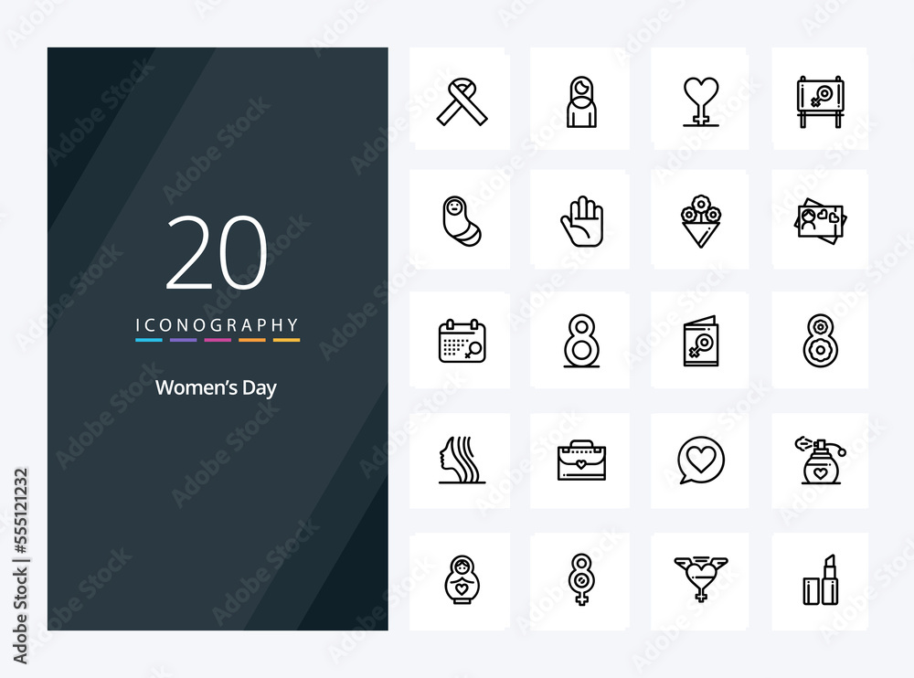 20 Womens Day Outline icon for presentation. Vector Line icons illustration