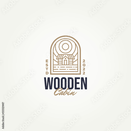 minimalist log wooden cabin with sunrise icon logo template vector illustration design. simple modern cottage, lodge, housing emblem logo icon concept