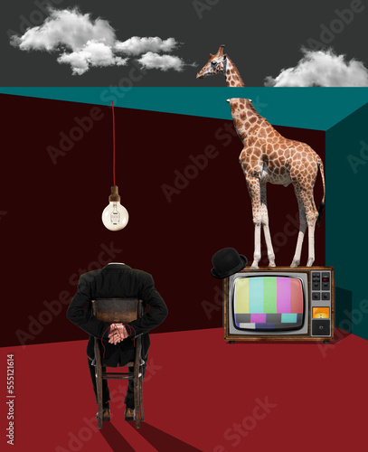 Fotografie Dark room with anonymous and giraffe on retro tv set