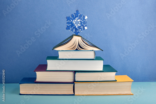 A Christmas tree made of elegant thick books in multi-colored covers, decorated with a large blue snowflake, on a delicate blue background. Christmas, New Year, education, book publishing, reading