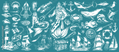 Underwater marine set monochrome elements