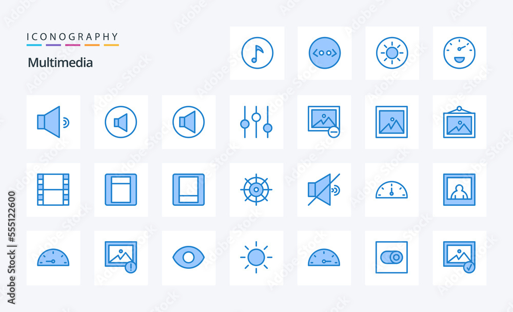 25 Multimedia Blue icon pack. Vector icons illustration