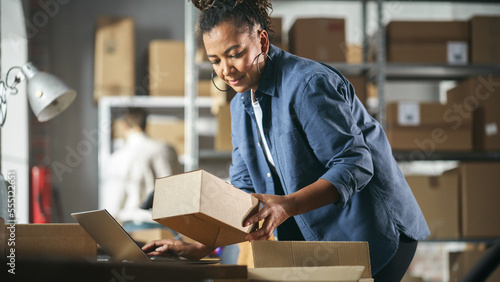 Inventory Manager Preparing a Small Cardboard Parcel for Postage. Multiethnic African American Female Small Business Owner Working on Laptop Computer in Warehouse © Gorodenkoff