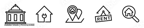 Conjunto de iconos de bienes raíces. Ubicación de la casa, casa en renta, buscar casa, institución, tecnología de la casa. Ilustración vectorial