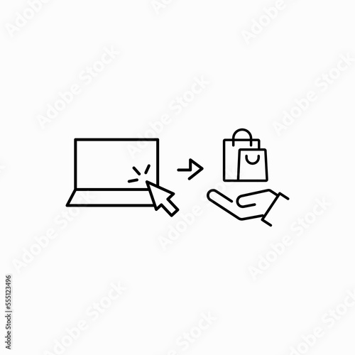 Click and collect order online, icon, receive order in pick up point, delivery food services steps, hand holding paper bag, - editable stroke vector illustration eps 10