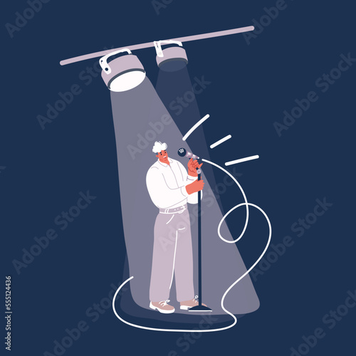 Cartoon vector illustration of Man comedian with microphone performing stand-up comedy. Comic with mic telling humor and fun stories at open mike standup show. Live performer.