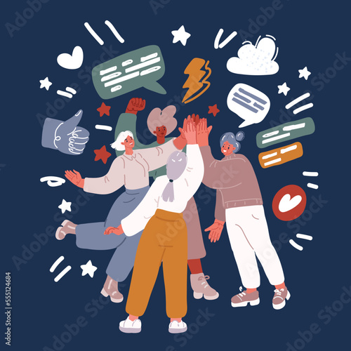Cartoon vector illustration of Team brainstorming. Success managers team, creative women have new idea. Office staff, managers or young business startup. Friends high five