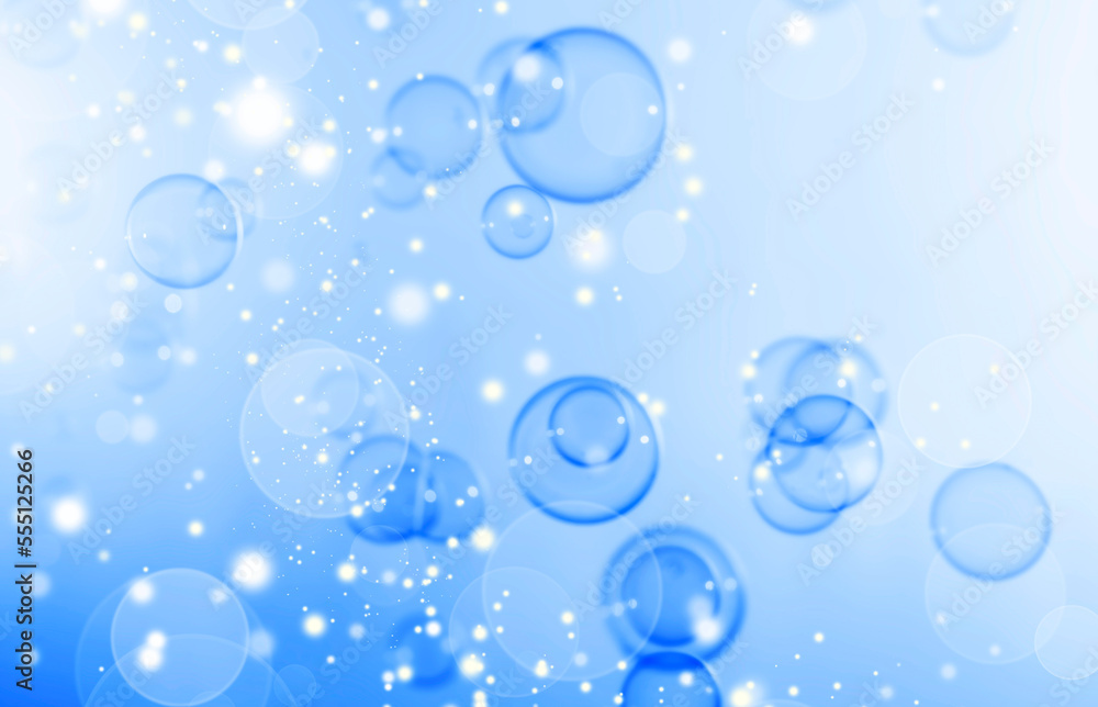 Abstract Beautiful Transparent Blue Soap Bubbles Background. Blurred White Bokeh, Defocus. Circles Bubbles. Freshness Soap Sud Bubbles. Snowfall Defocus, Blurred Celebration New Year Festive	