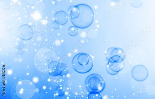 Abstract Beautiful Transparent Blue Soap Bubbles Background. Blurred White Bokeh, Defocus. Circles Bubbles. Freshness Soap Sud Bubbles. Snowfall Defocus, Blurred Celebration New Year Festive 
