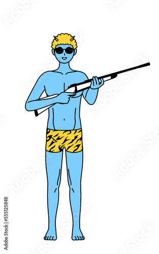 サングラスをかけてライフル銃を持つトラ柄パンツをはいた青鬼の男性、伝統行事、節分