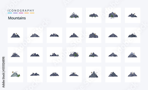 25 Mountains Line Filled Style icon pack. Vector iconography illustration
