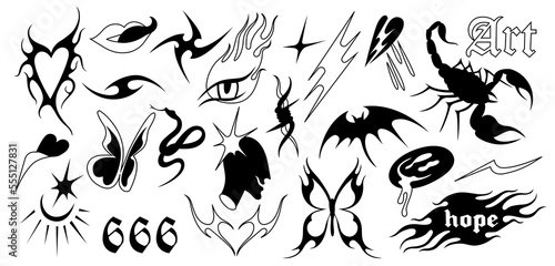 Vector set of Y2k icons or stickers. Brutalist design tattoo compositions or prints. Psychedelic style.