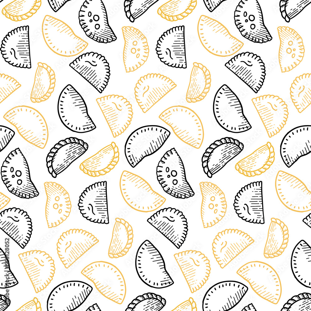 Seamless pattern with Mexican Empanadas in corn tortillas on white background. Vector contour outline illustration latin american food in linear sketch style. Seamless pattern with Mexican Empanadas in corn tortillas on white background. Vector contour outline illustration latin american food in linear sketch style.